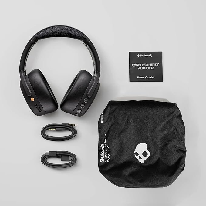 Skullcandy Crusher ANC 2 Wireless Over-Ear Bluetooth Headphones with Multi-Sensory Bass, Active Noise Cancelling, Up to 60 Hours Battery, Microphone for iPhone Android - True Black