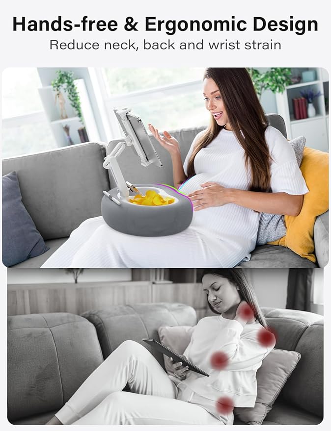 Tablet Kindle Pillow Stand Holder with 2 Trays Fit 4''-13'' Phone/Tablet/Kindle iPad Holder Stand for Bed with Soft Plus Fabric Reading Accessories Gift for Reading, Gray