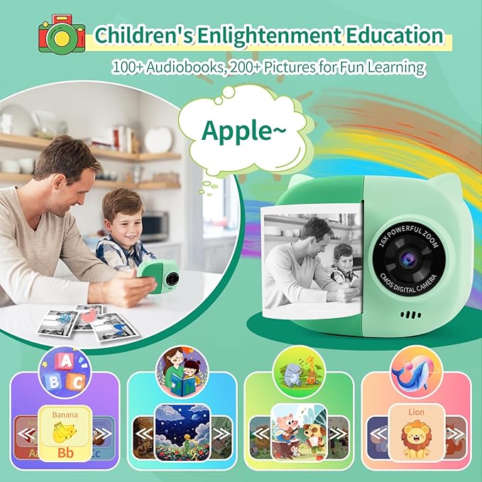 Rongta Instant Print Camera for Kids, Children Portable Photo Printer for Birthday Gifts, Kids Toys, 2.4 Inch Screen Kid Digital Camera for Girls Boys Age 3 4 5 6 7 8 9 10(Green)