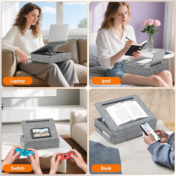 KDD Laptop Lap Desk with Cushion, Laptop Table with Storage for Bed & Sofa, Adjustable Lap Pillow Stand with Anti-Slip Strip & Cell Phone/Tablet Slot for Home Office College