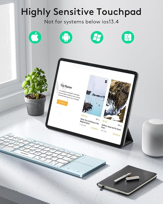 Samsers Multi-Device Foldable Bluetooth Keyboard with Touchpad, Rechargeable Dual-Mode(2.4G+BTx2) Wireless Keyboard with Holder, Portable Folding Keyboards for Android Windows iOS Mac OS - Blue