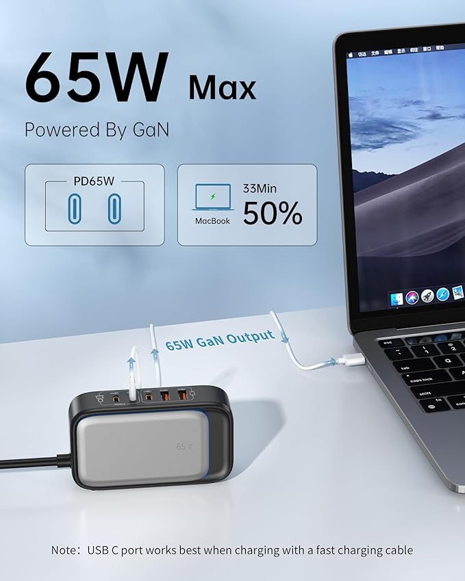 USB C Charging Station 190W,Surge Protection Power Strip Max 65W, 6FT Flat Extension Cord Desktop USB Charging Hub for Multiple Devices (Pearl Black, 65w)