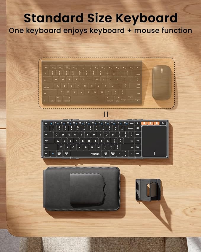 ProtoArc Foldable Keyboard with Touchpad, XK01 TP Folding Portable Keyboard, Full Size Keys, Large Trackpad Bluetooth Travel Keyboards for Laptop PC Tablet - Black Gray