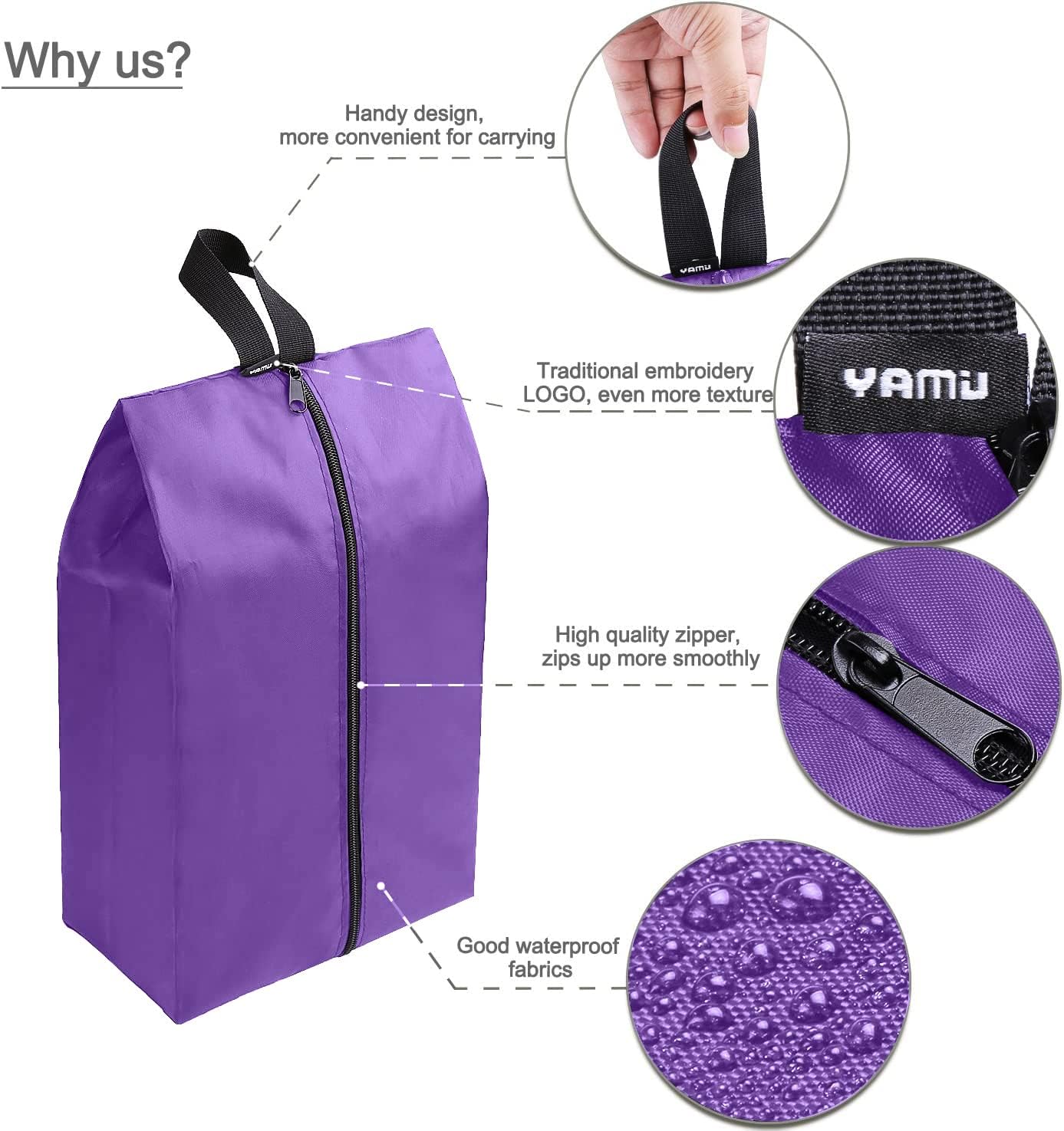 YAMIU Travel Shoe Bags Set of 4 Waterproof Nylon with Zipper for Men & Women, Purple