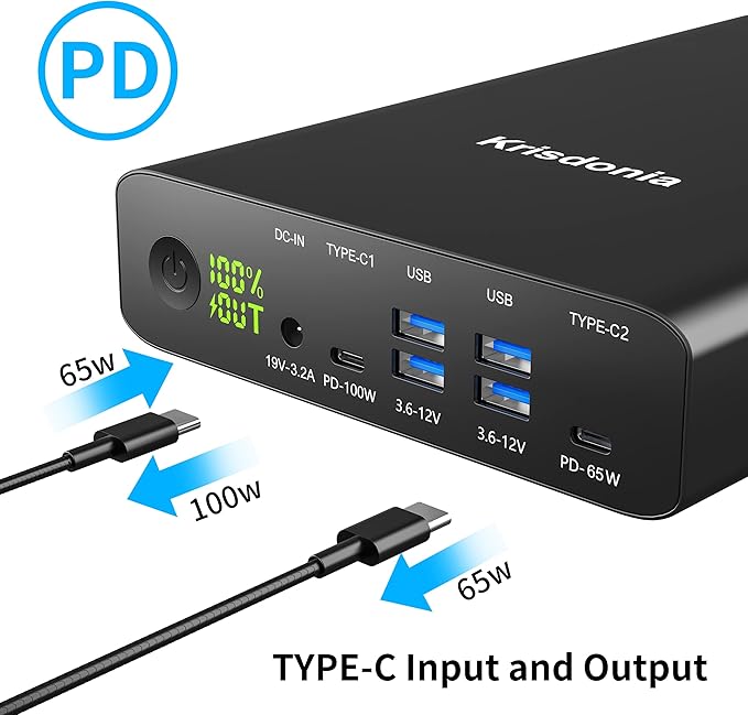 Krisdonia PD 100W Power Bank, 32000mAh Portable Laptop Charger [PD 3.0 100W & 65W Dual USB-C Ports + Quick Charge QC 3.0 Four Ports] for MacBook, Dell, HP, iPad, iPhone, Samsung, Switch and More