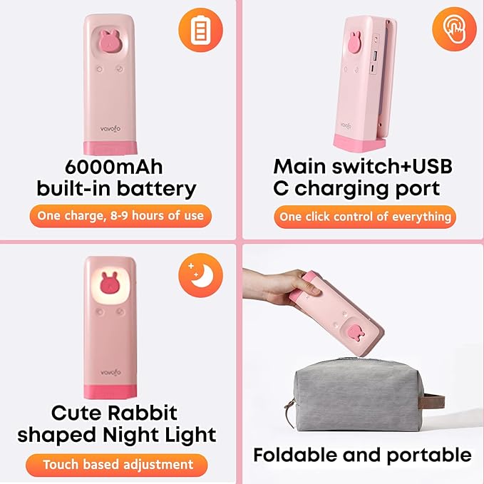 VAVOFO Cute Desk Lamp, Foldable & Portable LED Lamp with 6000mAh Rechargeable Battery, 3 Color Modes, USB-C Cordless Study Lamp for Bedroom, Office, Kids Room (Pink)