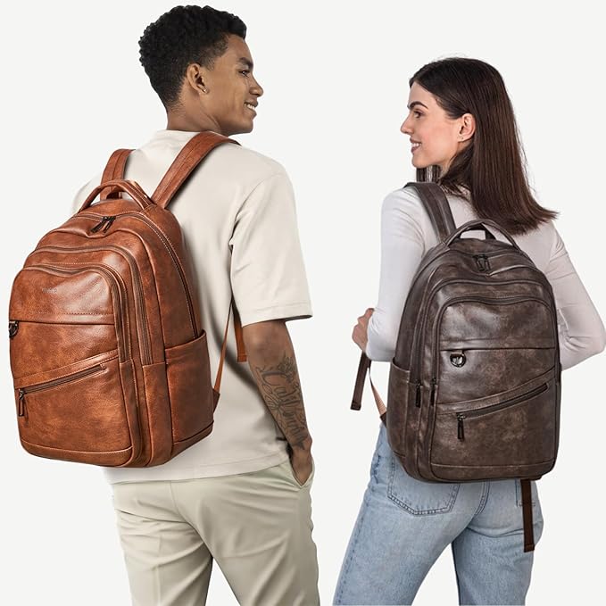 43L Backpack for Women Men - Vegan Leather Backpack Purse Travel Carry-on Bag College Bookbag Work fits 17" Laptop, Coffee
