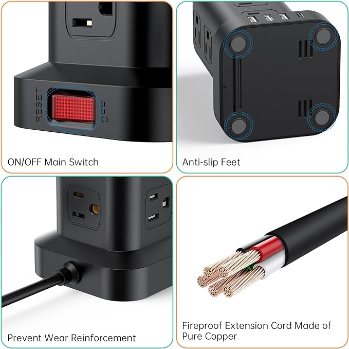 PD20W Surge Protector Power Strip Tower, 15FT Extension Cord with Multiple Outlets, 12 AC 4 USB (1 USB C)，Mini Power Strip with USB Ports, Surge Protector Tower Overload Protection for Office, Desk