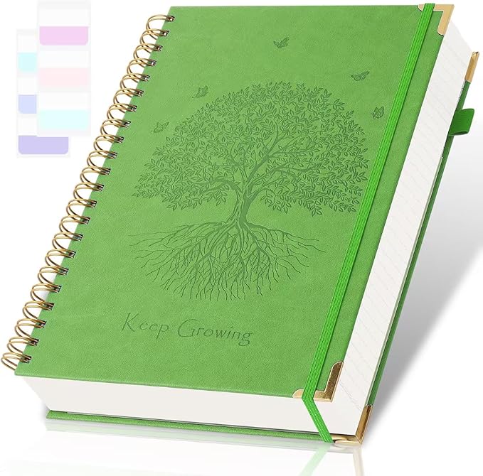 Spiral Notebook, College Ruled Notebook, A5, 300 Page Leather Journals for Writing, 5.7" x 8.5", Hardcover Journaling Notebooks for Work School, 24pcs Tab, Large Embossed Journal for Women Men, Green2