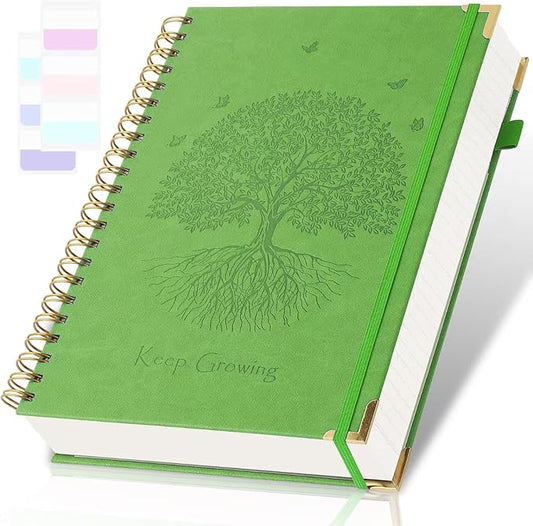 Spiral Notebook, College Ruled Notebook, A5, 300 Page Leather Journals for Writing, 5.7" x 8.5", Hardcover Journaling Notebooks for Work School, 24pcs Tab, Large Embossed Journal for Women Men, Green2