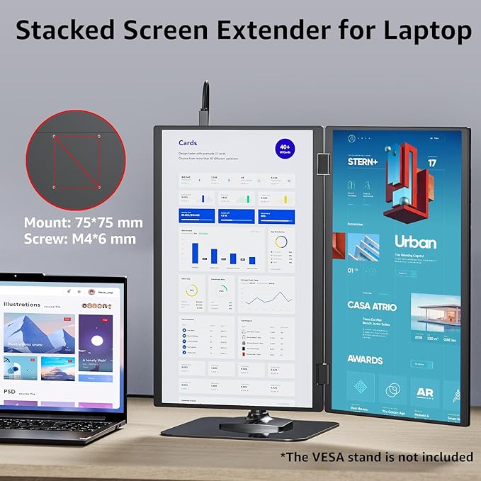 Laptop Screen Extender 15.6 Inch FHD 1080P 360° Foldable Dual Monitors 120% sRGB ΔE<2 HDMI USB-C Stacked Triple Portable Monitor for Laptop PC Windows Mac with Kickstand VESA Mountable