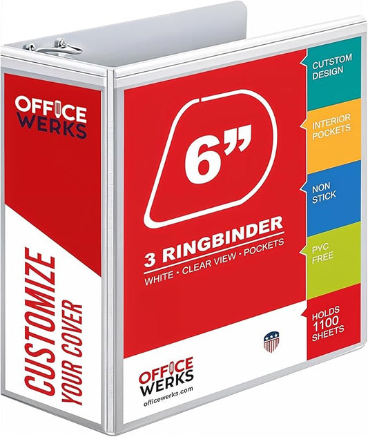 3 Ring Binders, 6 Inch D Ring Heavy Duty Large Binder with Pockets for 8.5" x 11" Sheet Size, Durable Non-Stick Customizable Clear View Cover (White)