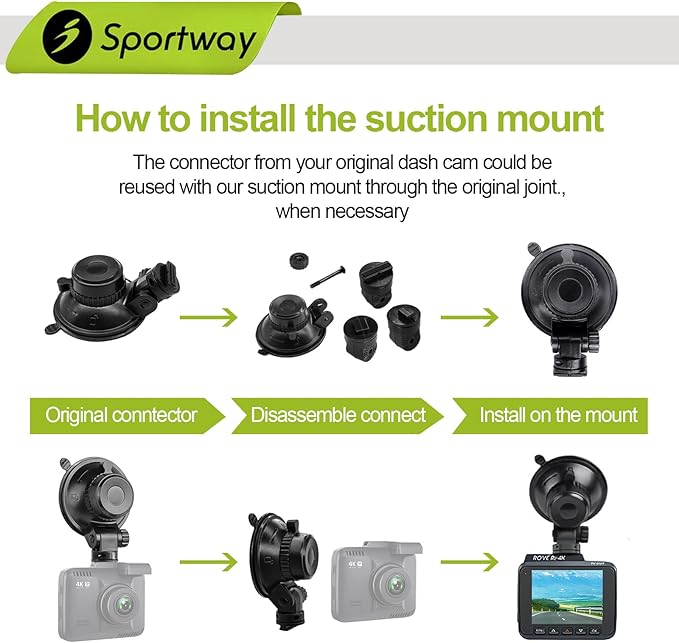 Sportway S503 Suction Cup Dash Cam Mount Holder (5th Gen) with 3pcs 360 Rotating Joints for Rove Nexar Z-Edge Kingslim iiwey NIUTA and Most Other Car Dash Cameras