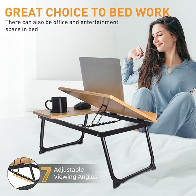 wishacc Book Stand for Reading in Bed, Bamboo Laptop Stand Adjustable Book Holder Tray with Page Paper Clips Multi Angles Adjustable Cooking Bookstands for Textbook Recipe Magazine Tablet Portable