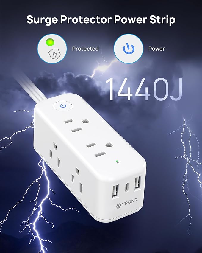 TROND 360° Rotating Flat Plug Power Strip, 6 Widely Spaced Outlets, 2 USB A and 1 USB C, 1440J Surge Protector, Wall Mountable, Extension Cord 5ft for Home Travel Office Dorm Room Essentials, White