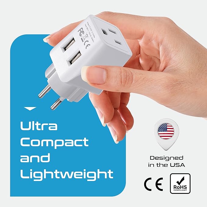 Ceptics Israel, Palestine Travel Adapter Plug with Dual USB - Usa Input - Type H - Ultra Compact - Perfect for Cell Phones, Laptop, Camera Chargers, iWatch, iPhone and More (CTU-14)
