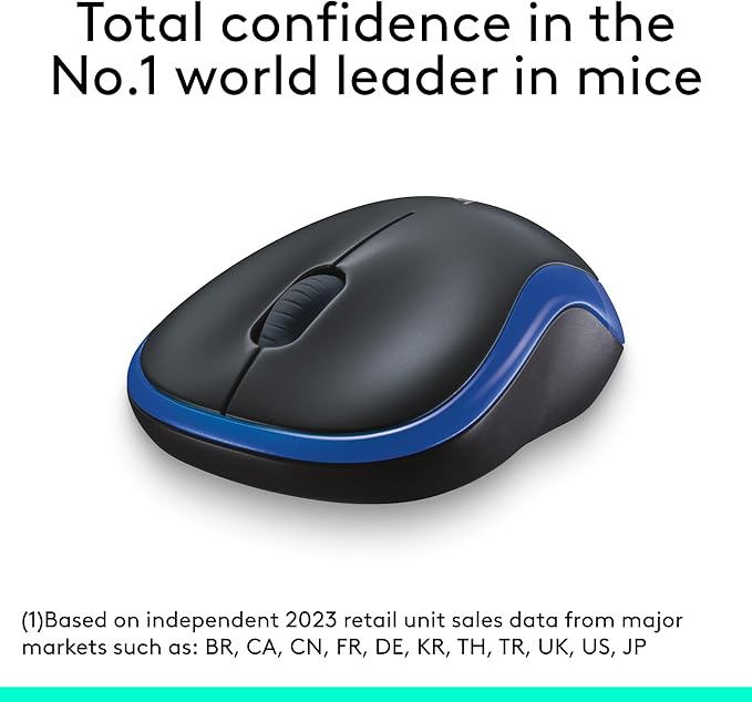 Logitech M185 Wireless Mouse, 2.4GHz with USB Mini Receiver, 12-Month Battery Life, 1000 DPI Optical Tracking, Ambidextrous, Compatible with PC, Mac, Laptop - Blue