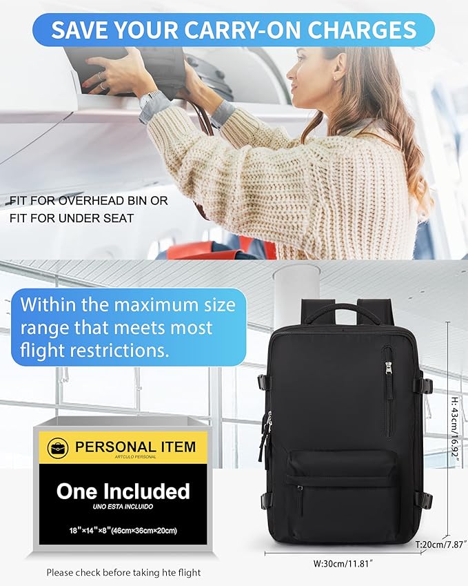 Carry On Backpack for Women, Large Travel Backpack Flight Approved, Waterproof 14 Inch Laptop Backpack Business Work Backpacks Men Mochila De Viaje, Black