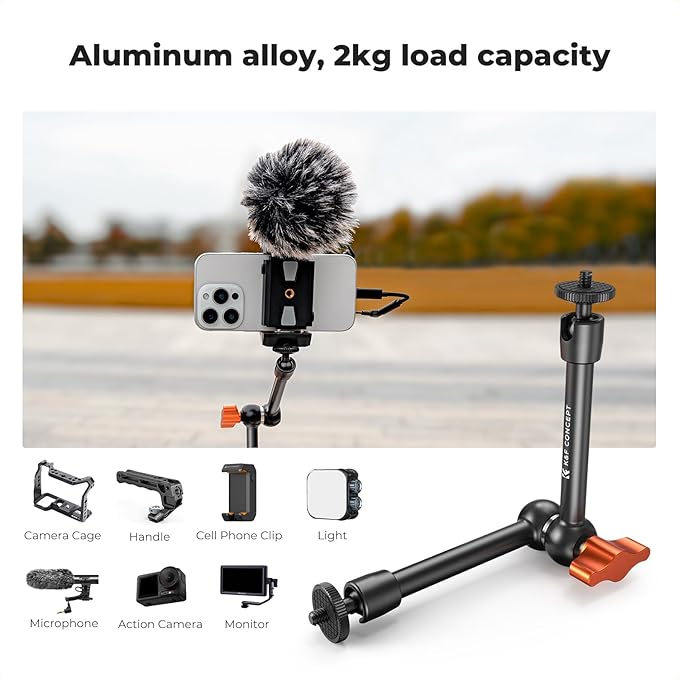 K&F CONCEPT 9.8" Magic Arm Clamp Kit with 1/4" & 3/8" Thread Screw 360° Ball Heads Articulating Magic Arm Camera Mount for DSLRs, Monitor, Flash, LED Light, Microphone, Camera Cage, Action Camera
