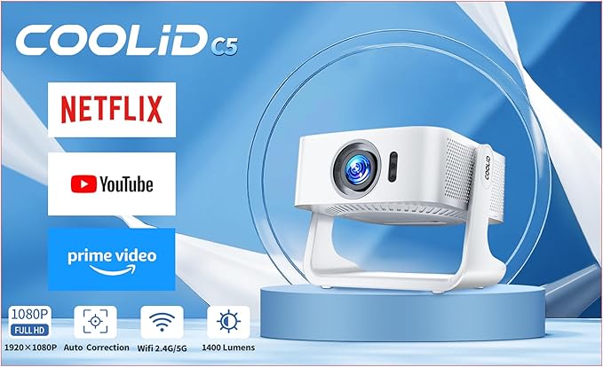 [Netflix-Licensed Projector] Projector 4K , 1080P Smart Mini Projector with WiFi & Bluetooth, Portable Outdoor Projector Auto Focus & Keystone, 270° Adjustable Stand for Home Movie Projector - White