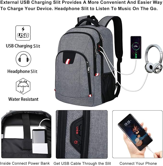 Travel Laptop Backpack, Anti Theft Backpack for Men and Women with USB Slit Business Computer Backpack Bag (Grey, 15.6 Inch)
