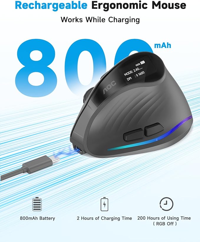 AOC 2.4GHz Ergonomic Mouse, Wireless Bluetooth Vertical Mouse for Work, 4800 DPI Optical Tracking, 5 Adjustable DPI, Quiet Clicks, RGB Light, Compatible with Computer, Laptop, PC, Mac, Desktop - Gray