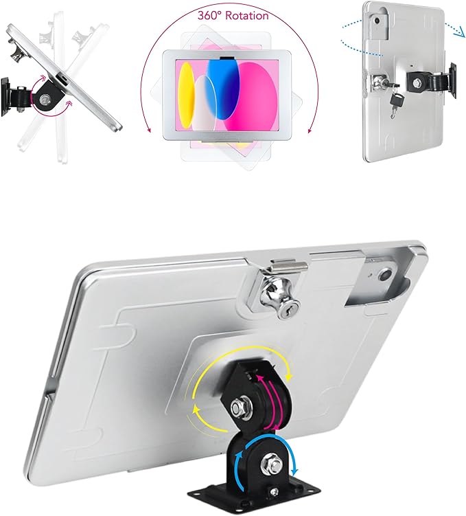 on Wall Mount Bracket for 2025 iPad 11"(A16) 11th / 2022 iPad 10.9" 10th Gen.,Excluding Other 10.9"/ 11",with Anti Theft Lock & Key,Rotate Arbitrary Adjustment Angle,Metal,(Silver)