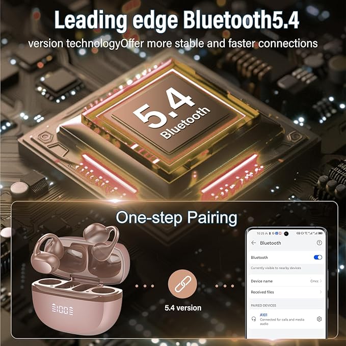 Open Ear Earbuds,Wireless Earbuds Bluetooth 5.4 Ergonomic Clip-On Ear buds, Bone Conduction Over The Ear Headphones 48H Playtime, Perfect Running Headphones for Sports IPX7 Waterproof Touch Controls