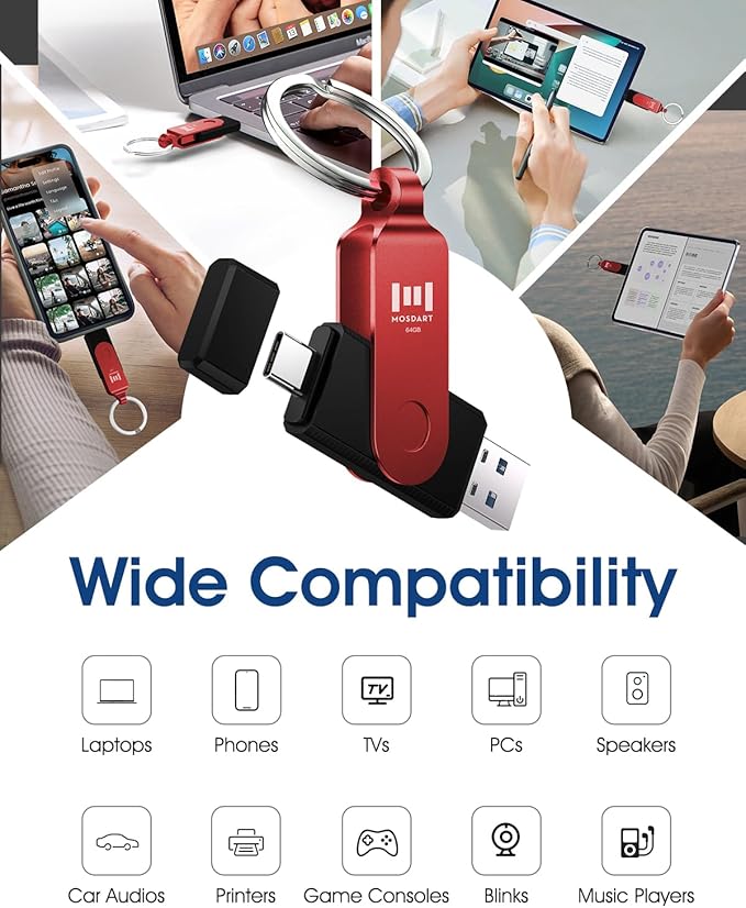 MOSDART 64GB USB3.1 Fast Speed C and A Dual Flash Drive, exFAT Memory Stick with Keychain and LED Indicator, for iPhone 15 and 16, Android Phone, iPad, MacBook, and Other Laptops, Red