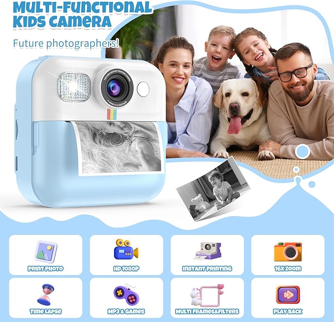 Kid Camera for Boys,Portable Toddler Blue Printing Camera Toy 1080P Video Cameras Children Instant Print Camera for Kids 3 Print Paper & 32G Card Christmas Birthday Gifts（Blue）