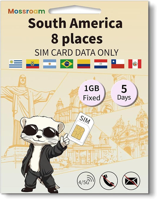 SIM Card for 8 Countries in South America– Prepaid Data Plans | 1GB Daily Data,5 Days | High-Speed Internet | Ideal for Travelers