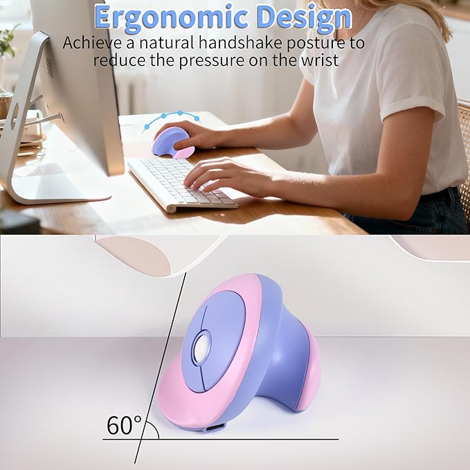 Wireless Mouse Ergonomic Vertical Mouse with Bluetooth & 2.4GHz USB Receiver 3 Buttons Rechargeable Silent Portable Optical USB Cordless Mice for Laptop PC Desktop Tablet Kids Adults Gifts (Purple)