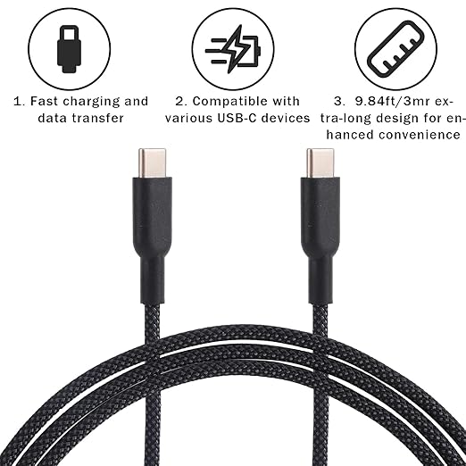 Metal Braided USB C to USB Type C Cable, 9.84FT/3M 60W PD Cat & Dog Chew Proof Charger Cord Fast Charger Cable Compatible with iPhone15/16/17 Huawei Samsung Xiaomi