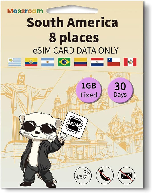 eSIM for 8 Countries in South America Trave Internationa Travel,4/5G LTE Prepaid 30 Days Plan,1GB Daily Data Only