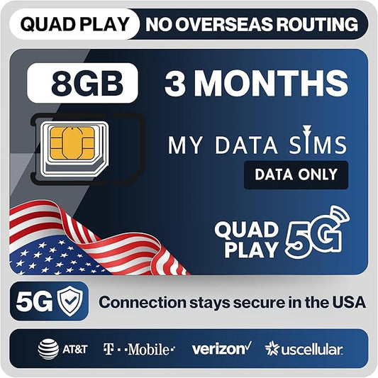 Quad Play 8 GB / 3 Months IoT SIM Card for Unlocked Security, Solar & Hunting Trail Game Cameras, Data Only USA SIM, 4G/5G on AT&T, T-Mobile, Verizon & US Cellular, Triple Cut 3-in-1