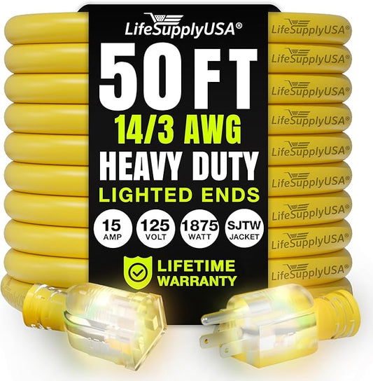 50ft Outdoor/Indoor Extension Cord 14/3 Gauge Heavy Duty 3 Prong SJTW, Waterproof, Flexible Cold-Resistant Long Power Cord,15A 125V 1875W, Yellow by LifeSupplyUSA