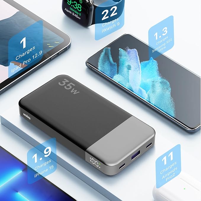 NOBIS Portable Charger, 10000mAh Power Bank Fast Charging, Battery Pack with C to C Cable, Battery Bank with Digital Display for iPhone iPad Android etc (Black, 35W)