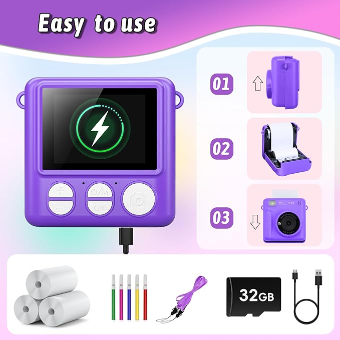 Kids Camera Instant Print, Christmas Birthday Gifts for Girls Boys Age 3-12，HD Selfie Kids Digital Camera, Portable Travel Toy for 3 4 5 6 7 8 9 10 Year Old Girls (Purple)