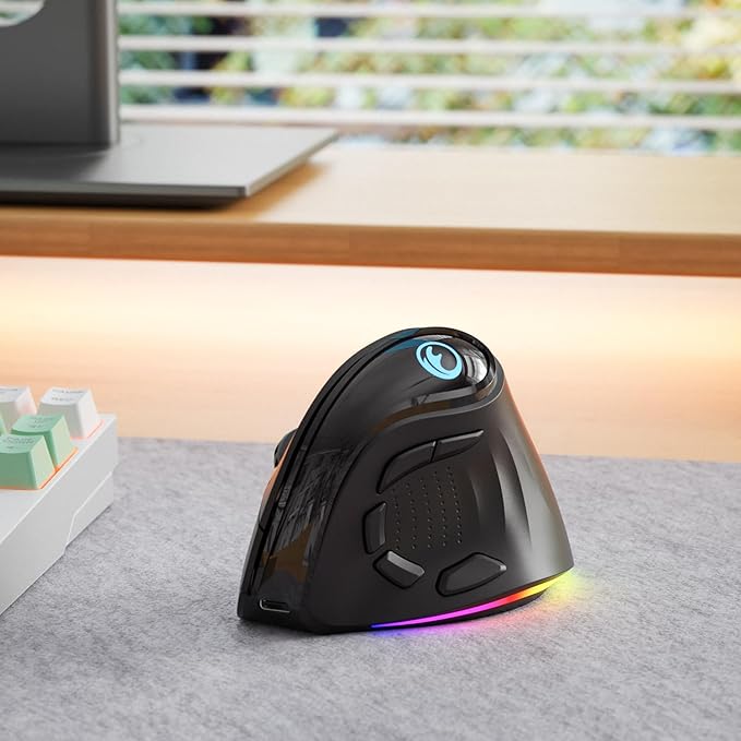 2.4G / BT/Wired Tri-Mode RGB Rechargeable G53 Wireless Vertical Ergonomic Mouse, 5 Side Buttons, Max 8400 DPI, for PC Computer Notebook Laptop, for Windows 11 10, Mac, iPad OS, Android - Black