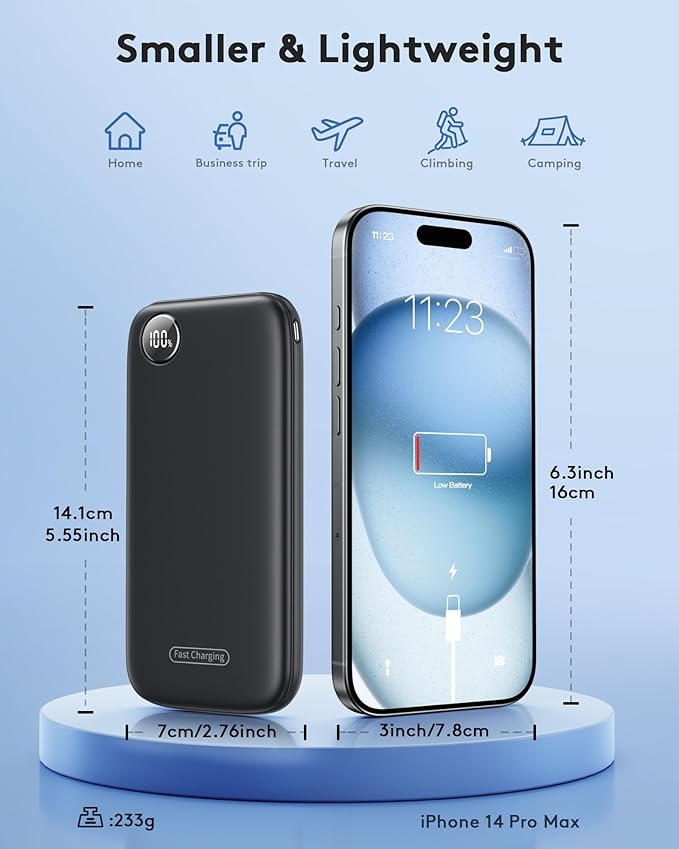 Powerbank Fast Charging Max 12V/4.5A, Ultra Slim Portable Charger USB C 10000mah, Travel Power Bank for iPhone 11 12 13 14 15 16 Samsung Android, DC Lightweight Battery Pack Phone Charger, Deep Black