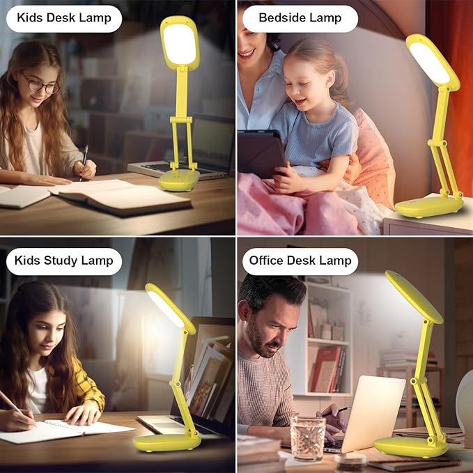 LED Desk Lamp for Office Home & Battery Operated Lamp Rechargeable Lamp Foldable & Portable Light, [2-Fold Bracket] 3 Brightness Dimmable Small Desk Lamp Wireless Reading Lamp (Yellow)
