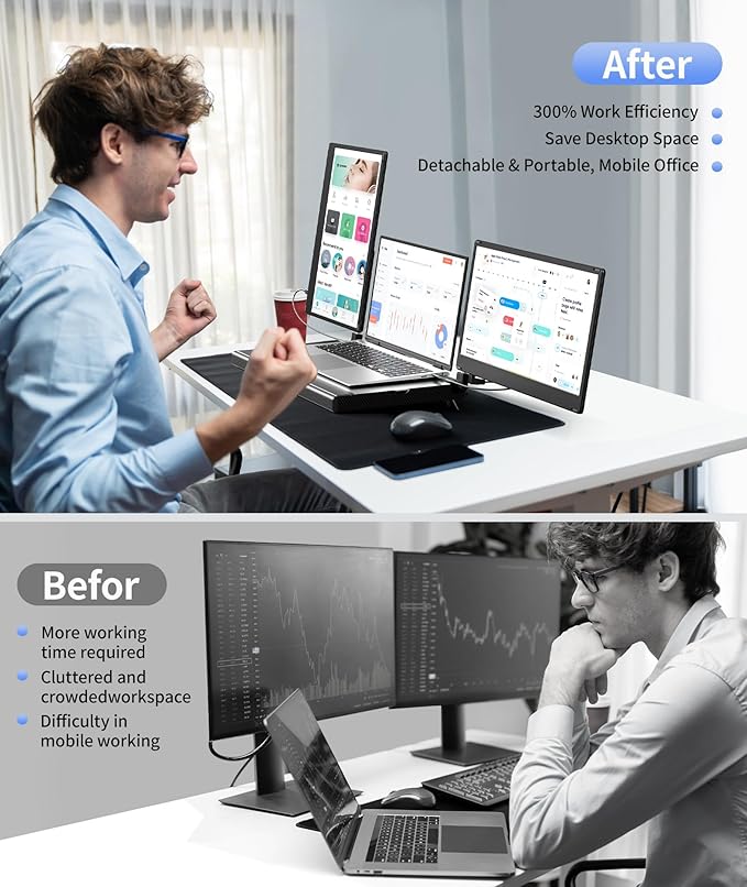 Laptop Screen Extender, Detachable Screen-14 FHD 1080P Triple Portable Monitor, Monitor Extender Upgrade Cooling Base Laptops, Plug and Play, Compatible with Windows, Mac, Chrome