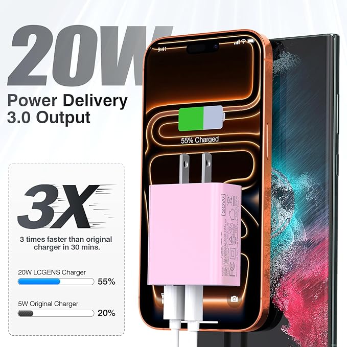 20W USB-C Wall Charger, [2 Pack] Fast Charge Power Brick Cube for iPad, iPhone, iPod, Samsung Galaxy, Moto, Huawei, HTC, LG, Nokia, PlayStation5, PD+QC3.0 Dual Port Charging Box Cube Block, Pink
