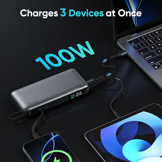 130W Power Bank,26800mAh Laptop Portable Charger,Built in Type-c Cable,3-Port 100W Max Laptop Power Bank,Smart Display,Compatible with MacBook,iPhone,iPad,Switch,Samsung,AirPords