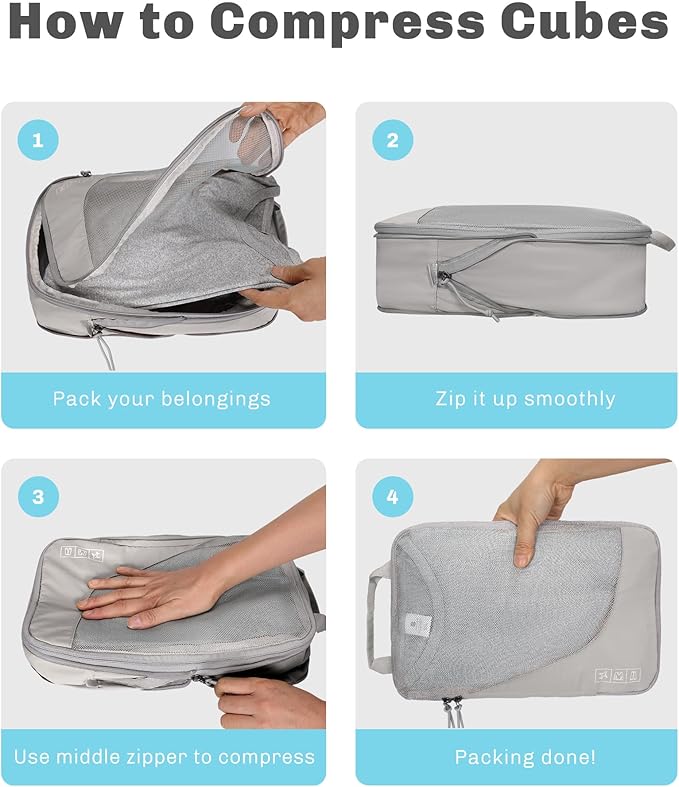 Hynes Eagle 6 Set/ 4 Set/ 2 Set Compression Packing Cubes Travel Essentials Lightweight Nylon Luggage Suitcase Organizer Bag Light Grey 4PCS