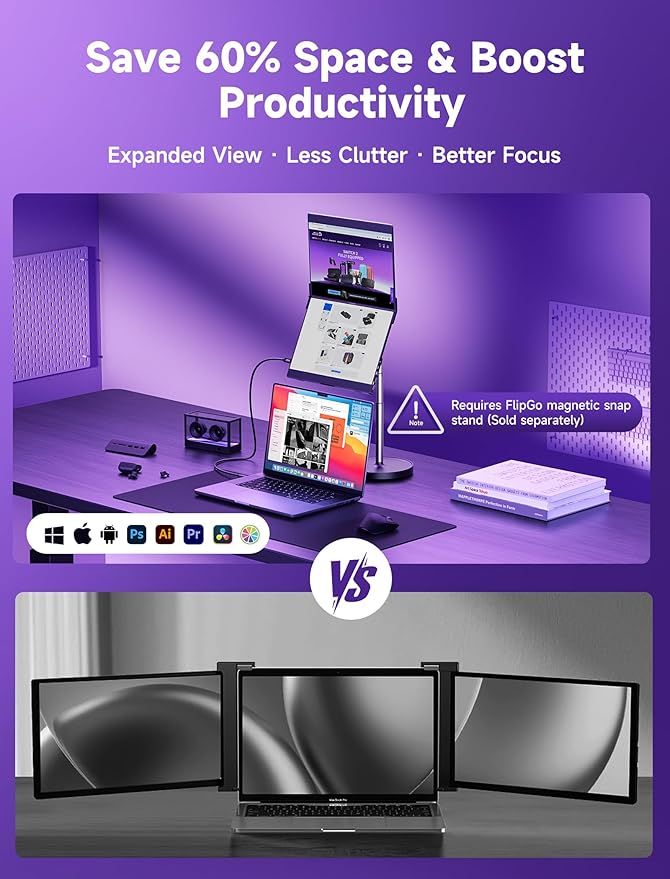 JSAUX FlipGo Pro 13.5" Dual Portable Monitors, 2.2K Triple Laptop Screen Extender, Portable IPS Dual-Screen Monitor for Laptop[for Windows/Linux/macOS] One Cable to Dual/Magnetic Design/DisplayLink