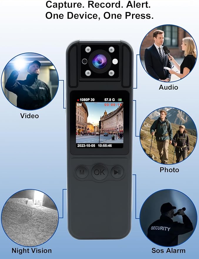 SPIKECAM Computer-Free Body Cameras with Audio and Video Recording, 6 Hrs 1080P Personal Small Bodycam with Photo, Night Vision, SOS Sound, Wearable Body Cam for Security, Running, Biking