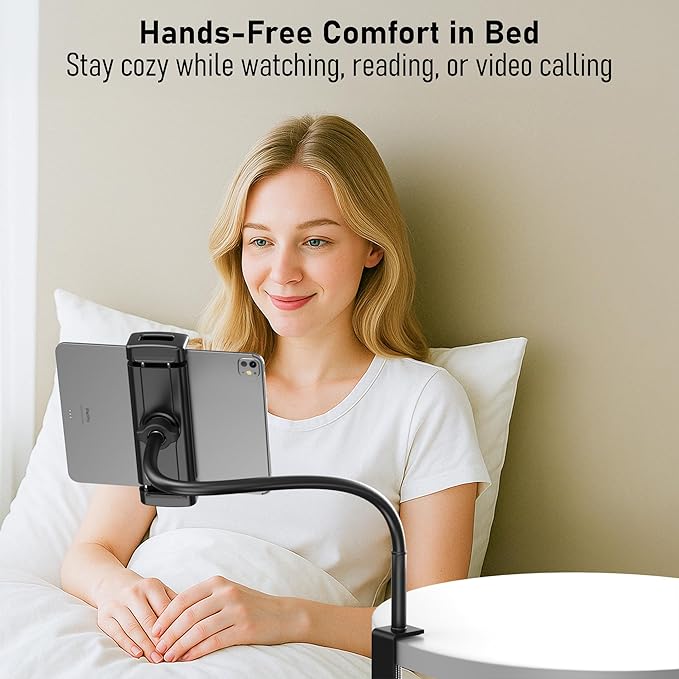 Tablet Stand for Desk, Gooseneck iPad Holder Clamp Mount, 360° Adjustable Arm Mount for iPad Pro/Air/Mini, Kindle Fire, Galaxy Tabs, 4.7"-13.5" Tablets, for Kitchen, Work, Video Call, Bed