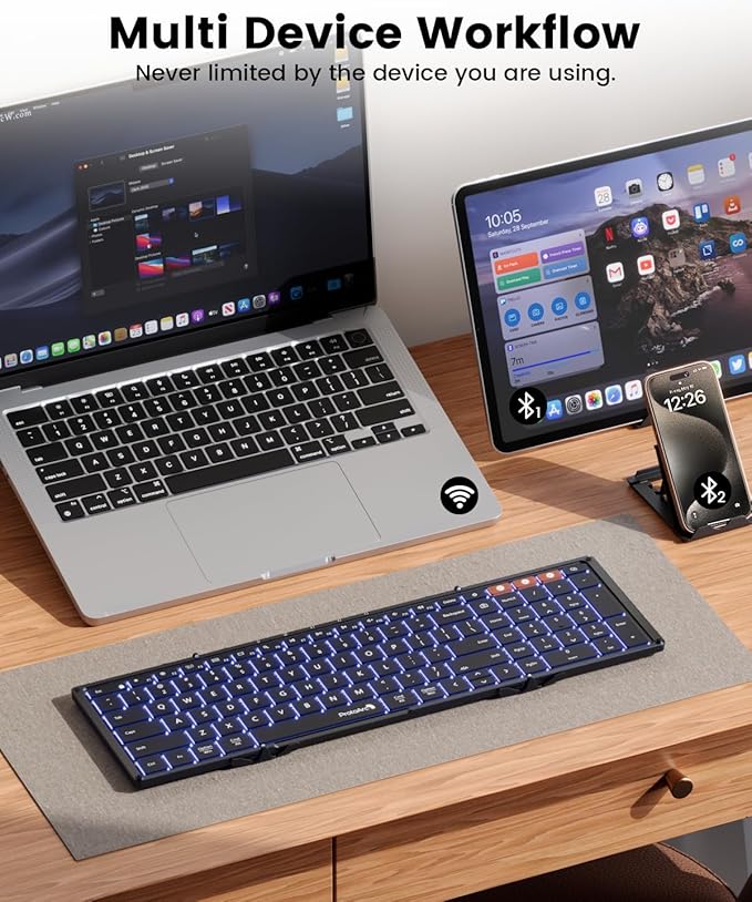 ProtoArc Backlit Foldable Keyboard, XK01 Plus Folding Portable Bluetooth Keyboard for Travel, True Full Size External Wireless Keyboards with Backlight for iPad Tablet Smartphone Laptop - Black