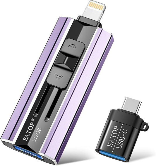 512GB Flash Drive Intended for iPhone iPad Android and Computers, 4 in 1 Photo Stick for Phone Memory Storage Easily Backup Photos Videos, Plug and Play, No Application Required (Light Purple)